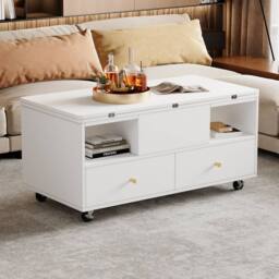 Rolipo White Lift-Top Coffee Table with Wheels, 4 Drawers & Extendable Top - thumbnail 9