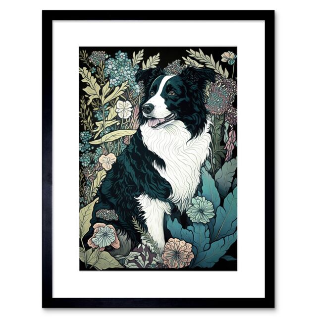 "Artery8 Wall Art Print Border Collie Dog in Wildflower Field Modern Artwork Framed 9X7 Inch in Black - Size: W7"" x H9""" - image 1