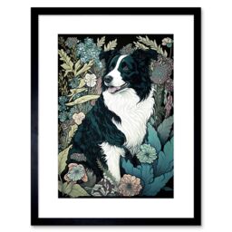 "Artery8 Wall Art Print Border Collie Dog in Wildflower Field Modern Artwork Framed 9X7 Inch in Black - Size: W7"" x H9""" - thumbnail 1