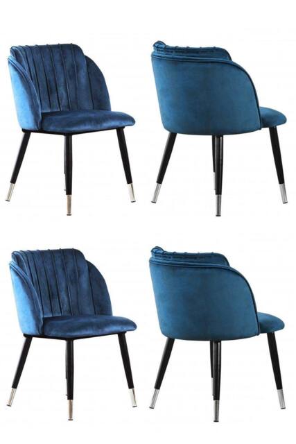 Life Interiors Set of 4 Milano Velvet Dining Chairs with Stylish Ribbed Back Design, Black Metal Legs with Silver Tips in Blue