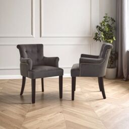 Orsina Ringback Velvet Armchair for Living Room, Classic Indoor Chair with Tufting, Angular Wooden Leg Chair in Grey