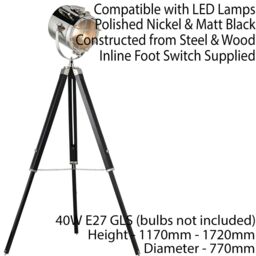 Loops Industrial Tripod Floor Lamp Matt Black E27 Theatre Spot Light Standing Height - thumbnail 2
