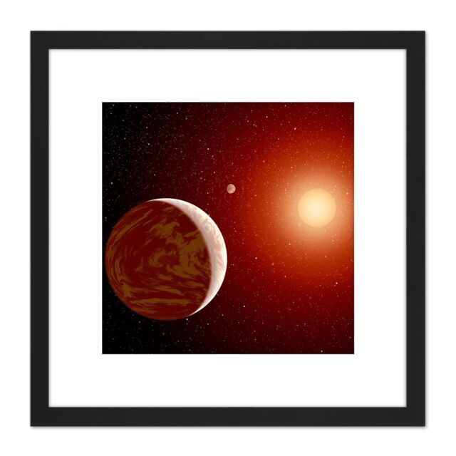 Artery8 Space NASA Planets Around Red Star Concept Illustration 8X8 Inch Square Wooden Framed Wall Art Print Picture with Mount in Black - image 1