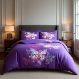 Snug City Duvet Cover & Pillowcase Set Printed Butterfly Design Bed Linen in Purple - Size: Super King - thumbnail 1