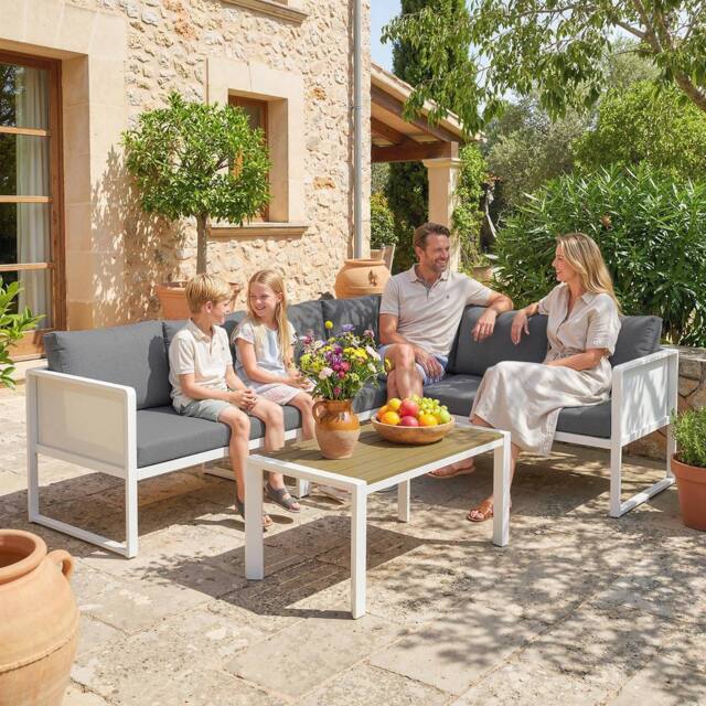 OUTSUNNY 6 Seater Metal Garden Furniture L Shaped Corner Sofa Set, White - Size: 120 cm x 60 cm - image 1