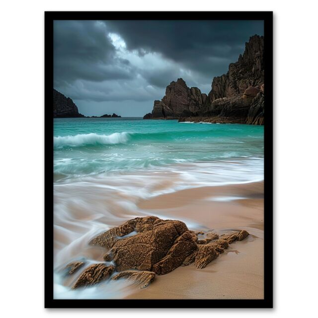 "Artery8 Porthcurno Beach Cliffs Dramatic Landscape Framed Art Print in Blue - Size: W12"" x H16""" - image 1