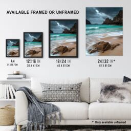 "Artery8 Porthcurno Beach Cliffs Dramatic Landscape Framed Art Print in Blue - Size: W12"" x H16""" - thumbnail 3