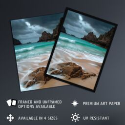 "Artery8 Porthcurno Beach Cliffs Dramatic Landscape Framed Art Print in Blue - Size: W12"" x H16""" - thumbnail 2