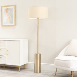 ValueLights Lexy Fabric Drum Shade with Antique Brass Dimmable Floor Lamp in Nude - thumbnail 3