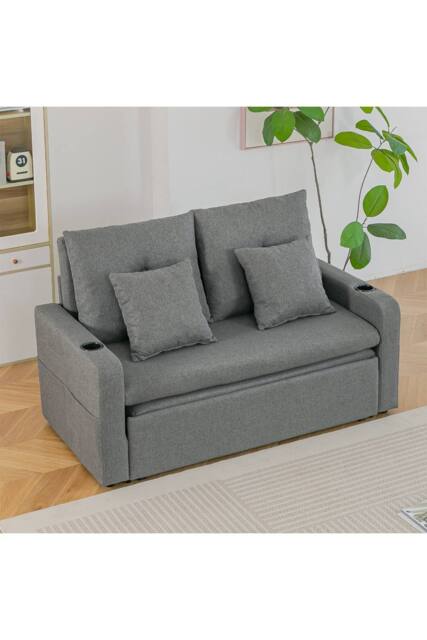 Living and Home 2 Seater Sofa Bed with Cup Holders and Pillows in Grey - image 1