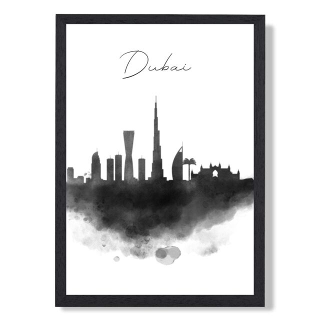 ARTZE Dubai Watercolour Skyline City Framed Print SIZE: A2 with Black Frame - Size: A4 - image 1