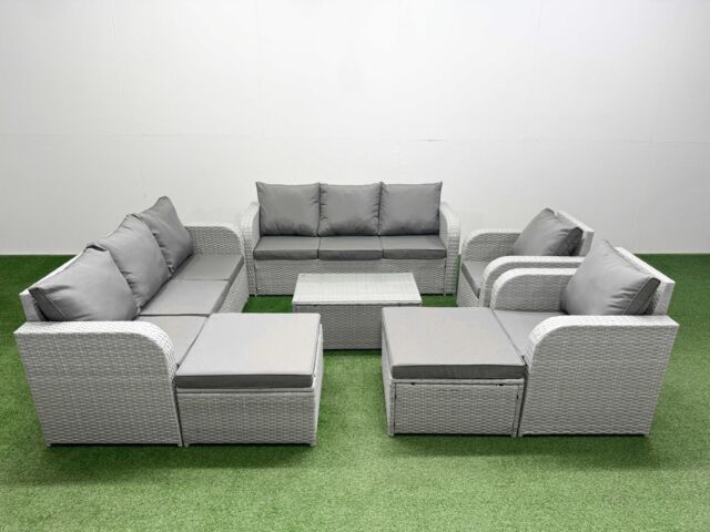 Fimous PE Rattan High Back Lounge Sofa Set Patio Coffee Table & Chairs Set with 3 Seater Sofa Reclining Chair 2 Big Footstool Light Grey - image 1