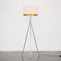 ValueLights Camden Chrome Tripod Floor Lamp with Beige & Gold Lamp Shade & Bulb - thumbnail 2