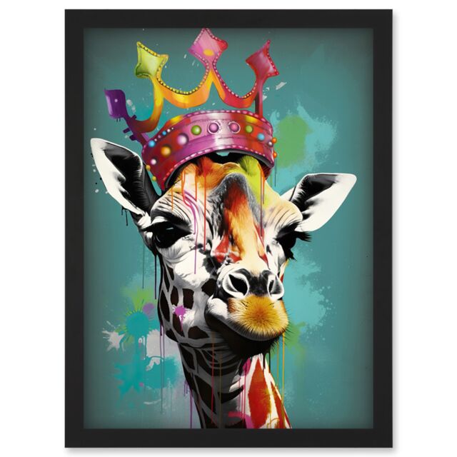 Artery8 Giraffe Wearing Rainbow Crown King Queen Pop Art Artwork Framed Wall Art Print A4 in Black - image 1