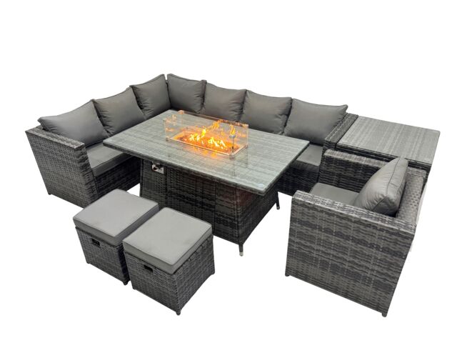 Fimous Rattan Garden Furniture Dining Set 9-seater with Side Table 2 Stool in Dark Grey - image 1