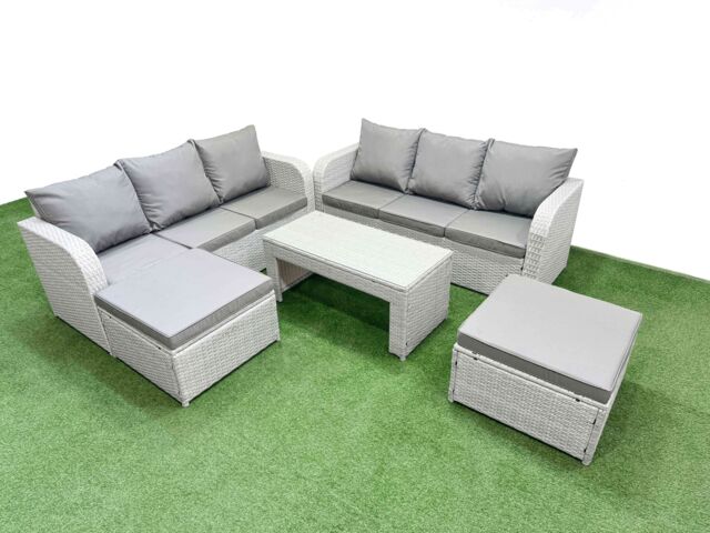 Fimous Outdoor Garden Furniture Sets 8 Seater Wicker Rattan Furniture Sofa Sets w/ Oblong Coffee Table high Back Lounge Sofa 2 Big Footstool Light - image 1