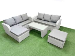 Fimous Outdoor Garden Furniture Sets 8 Seater Wicker Rattan Furniture Sofa Sets w/ Oblong Coffee Table high Back Lounge Sofa 2 Big Footstool Light - thumbnail 1