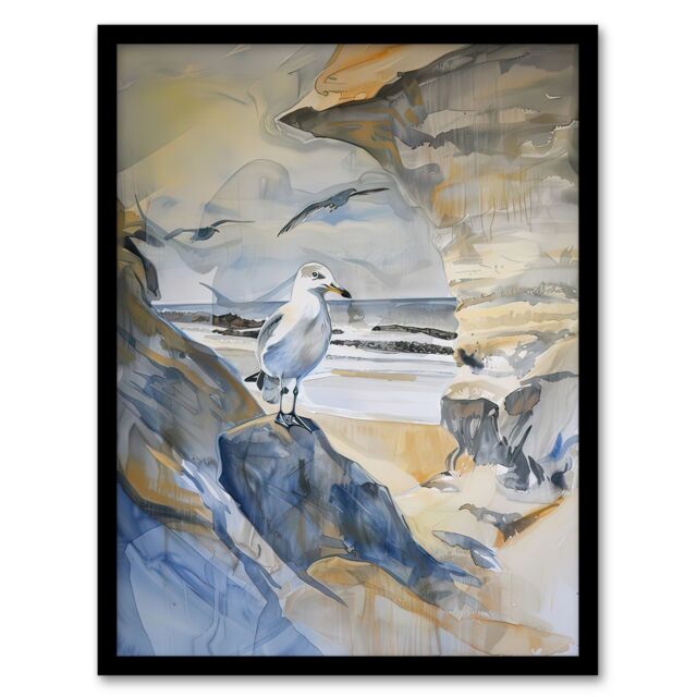 Artery8 Seagull Aldeburgh Beach Suffolk Watercolour Coast Framed Art Print in Beige - Size: A4 - image 1