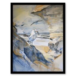 Artery8 Seagull Aldeburgh Beach Suffolk Watercolour Coast Framed Art Print in Beige - Size: A4 - thumbnail 1