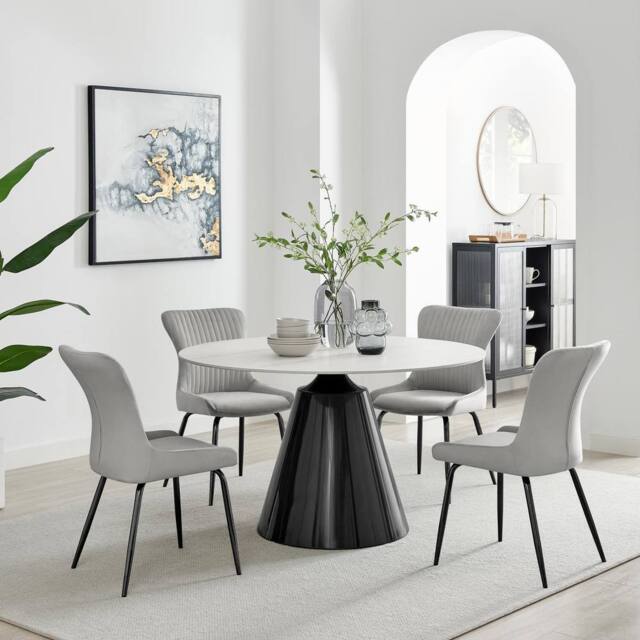 FurnitureboxUK Nina Marble-Effect Dining Set with Grey Velvet Chairs in Light Grey - Size: 4 Person - image 1