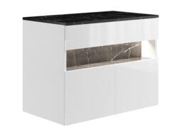 Vente-unique Wall-Mounted Vanity Unit With Leds & Top - White & Black Marble - thumbnail 3