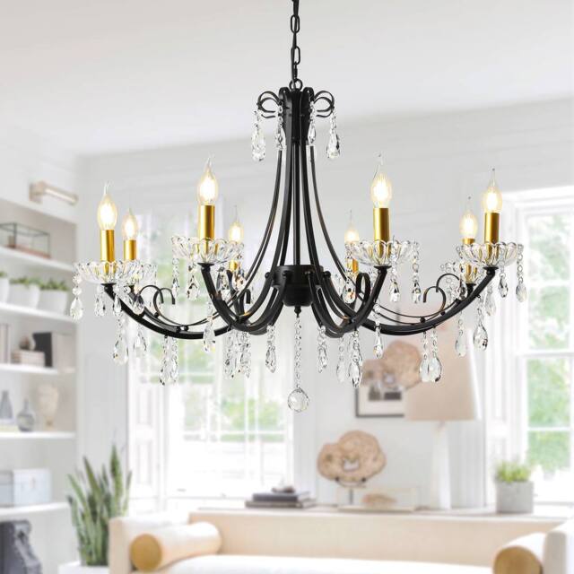 NIVOR 8-Light K9 Crystal Candle Vintage Pendant Chandelier Adjustable Black - image 1