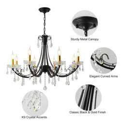 NIVOR 8-Light K9 Crystal Candle Vintage Pendant Chandelier Adjustable Black - thumbnail 7