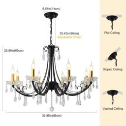 NIVOR 8-Light K9 Crystal Candle Vintage Pendant Chandelier Adjustable Black - thumbnail 2