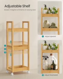 SONGMICS Slim Bathroom Trolley with Wheels & 3 Storage Shelves in Natural - thumbnail 4