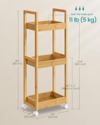 SONGMICS Slim Bathroom Trolley with Wheels & 3 Storage Shelves in Natural - thumbnail 2