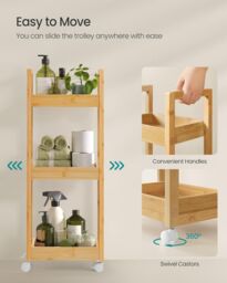 SONGMICS Slim Bathroom Trolley with Wheels & 3 Storage Shelves in Natural - thumbnail 5