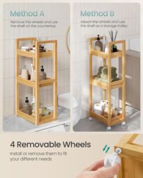 SONGMICS Slim Bathroom Trolley with Wheels & 3 Storage Shelves in Natural - thumbnail 3