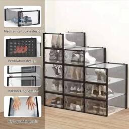 NESTLUNE Black 12 x Stackable Foldable Boxes Trainers Organiser - thumbnail 6