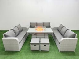 Fimous PE Rattan Lounge Sofa Set 11 Seater Outdoor Garden Furniture Set with Firepit Dining Table 3 Seater Sofa 2 Stools Light Grey - thumbnail 1