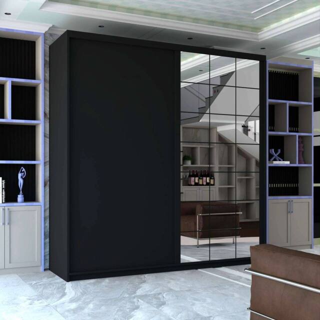 Sliding Wardrobes 4U Cubbix Single Mirror Sliding Door Wardrobe 200cm X 217cm in Black - Size: 200 cm X 217 cm - image 1