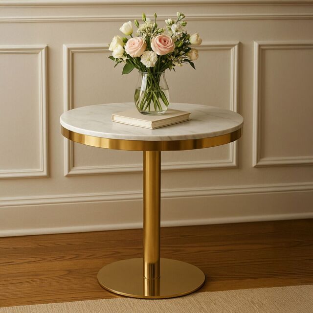 Orsina Round Marble Dining Table With Gold Base, Compact Round Marble Table for Dining, Sleek Gold Finish Base - image 1