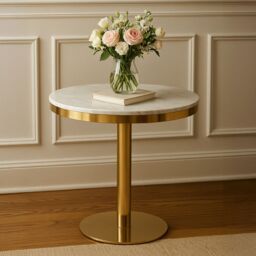 Orsina Round Marble Dining Table With Gold Base, Compact Round Marble Table for Dining, Sleek Gold Finish Base