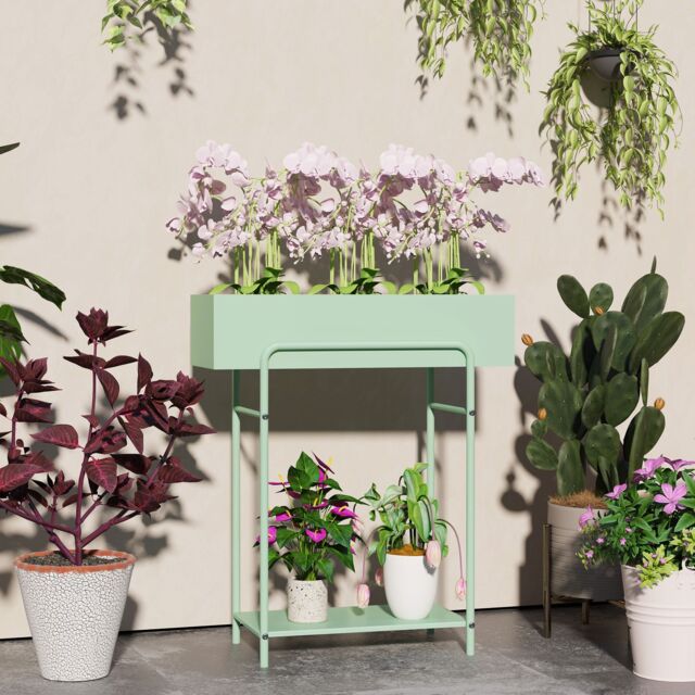 OUTSUNNY 2 Tier Plant Stand, Metal Plant Rack with Drain Holes, Green - image 1