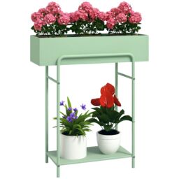OUTSUNNY 2 Tier Plant Stand, Metal Plant Rack with Drain Holes, Green - thumbnail 2