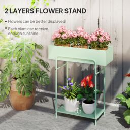 OUTSUNNY 2 Tier Plant Stand, Metal Plant Rack with Drain Holes, Green - thumbnail 4