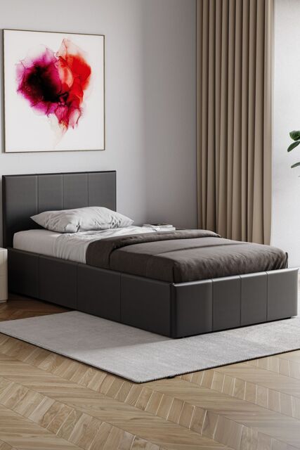 Home Discount Vida Designs Lisbon Single Ottoman Faux Leather Bed Frame UKFR Fabric in Black - image 1