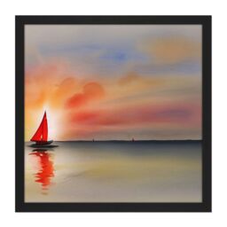 "Artery8 Wall Art Print Into The Sunset Watercolour Sailing Red Sail Boat On Calm Sea Square Framed Picture 16X16 Inch in Black - Size: W16"" x H16""" - thumbnail 1