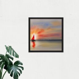 "Artery8 Wall Art Print Into The Sunset Watercolour Sailing Red Sail Boat On Calm Sea Square Framed Picture 16X16 Inch in Black - Size: W16"" x H16""" - thumbnail 2
