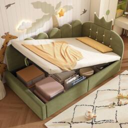 Matteo Green Velvet 3FT Single Daybed with Hydraulic Storage & Crown Design - thumbnail 9