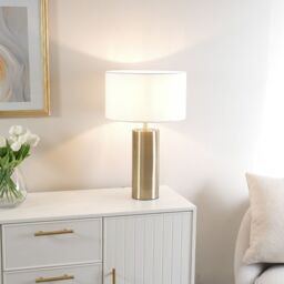 ValueLights Lexy Fabric Drum Shade with Antique Brass Dimmable Touch Table Lamp & LED Bulb in White