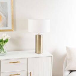 ValueLights Lexy Fabric Drum Shade with Antique Brass Dimmable Touch Table Lamp & LED Bulb in White - thumbnail 5