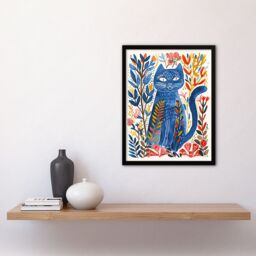 "Artery8 Russian Blue Cat Lover Fun Botanical Folk Art Framed Wall Art - Size: W12"" x H16""" - thumbnail 4