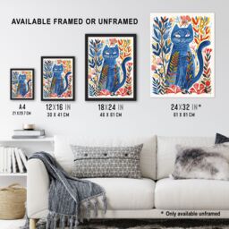 "Artery8 Russian Blue Cat Lover Fun Botanical Folk Art Framed Wall Art - Size: W12"" x H16""" - thumbnail 3