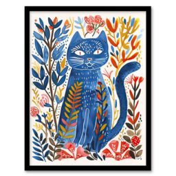 "Artery8 Russian Blue Cat Lover Fun Botanical Folk Art Framed Wall Art - Size: W12"" x H16""" - thumbnail 1