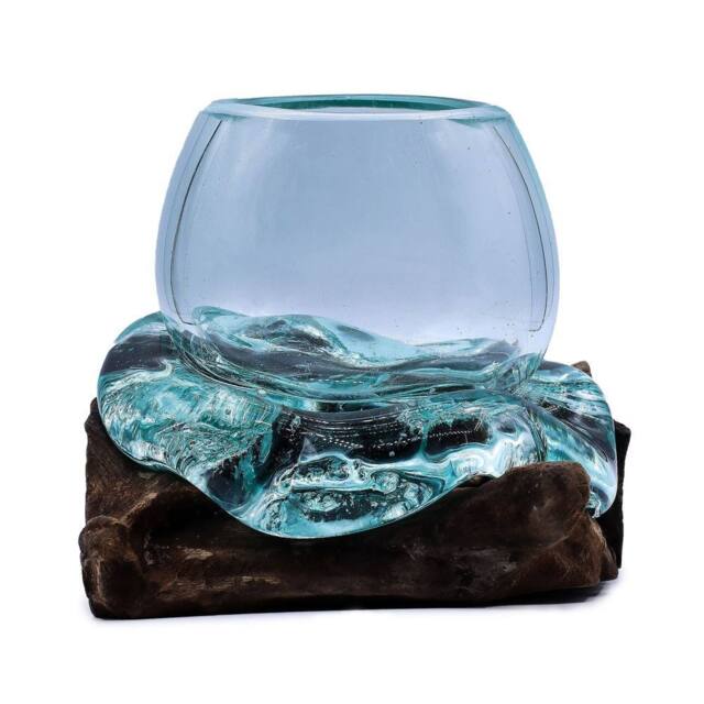 Serenityy Luxury Molten Glass - Natural Wood Base, Handcrafted in Clear - Size: 20 cm - image 1